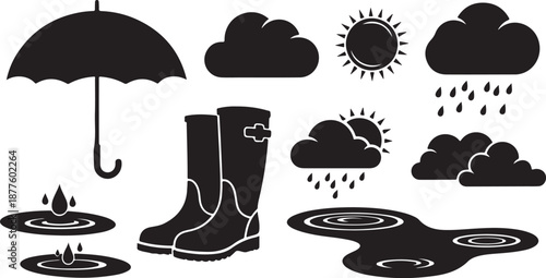 Rainy Day Weather Icons with Umbrella and Boots