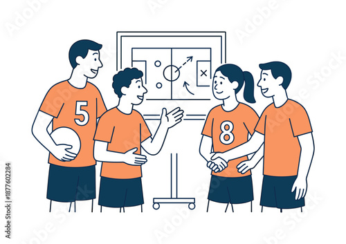 Team Strategy Discussion. Team sport. Players discussing strategy near a whiteboard with simple diagrams, friendly interaction before the game. Feeling of