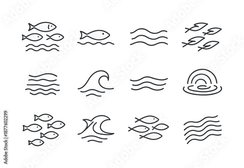 Aquatic Line Art. Aquatic Harmony. Line icon set of Aquatic Harmony: balanced school, peaceful swim, gentle flow, aligned fish, calm waters, unity arc, fluid