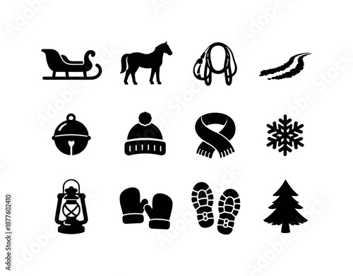 Winter Sleigh Ride Icons. Winter sleigh ride. Solid icon set of sleigh ride elements: classic sleigh, horse silhouette, reins, snow trail, jingle bell, winter