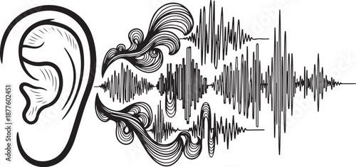 Sound wave and ear illustration with swirling patterns design