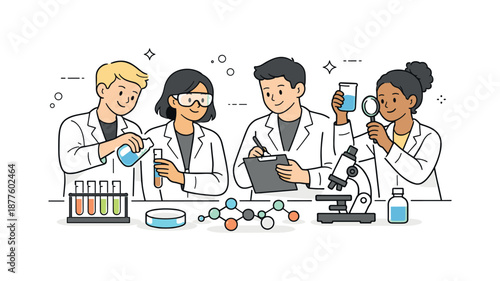 Collaborative Science Lab. Science lab group teamwork. Students sharing tasks with lab tools placed neatly on the table. Organized workflow and cooperative