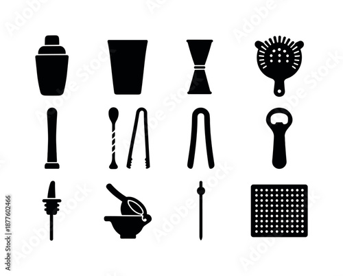 Bar Essentials Icons. Bar essentials. Solid icon set of bar essentials: cocktail shaker, mixing glass, jigger, strainer, muddler, bar spoon, ice tongs, bottle