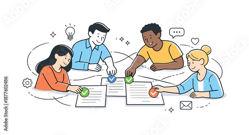 Unified Team Collaboration. Consensus building. Team members placing agreement markers on shared documents. Cooperation and trust, gentle connecting lines