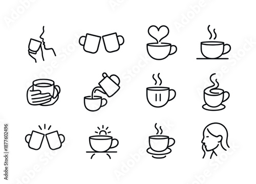 Warm Beverage Icons. Warm beverage moments. Line icon set of Warm beverage moments: sipping silhouette, shared mugs, steam heart, cup on table, cozy hands,