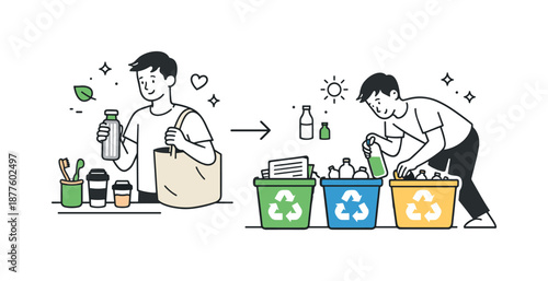Sustainable Living Choices. Green lifestyle routine. Individual choosing reusable items and sorting recycling bins. Sustainable choices and mindful living.