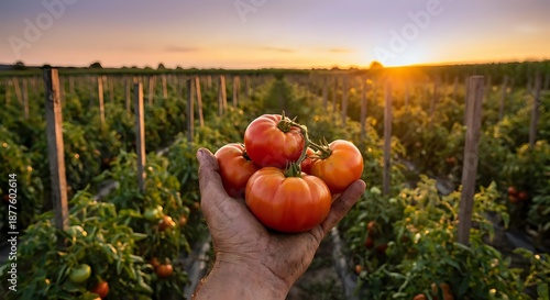 Fresh ripe tomatoes held in hands at sunset in organic farm field with rows of tomato plants stretching into distance during golden hour harvest time.
