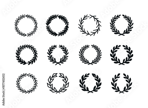 Seasonal Wreath Icons. Seasonal wreath. Icon set. Set Logo of seasonal wreath: evergreen winter wreath. harmonious logo variations: Minimal outline, Filled