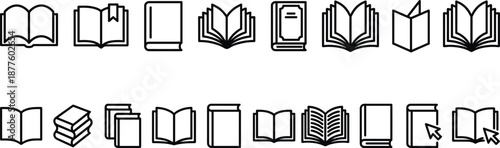Outline book icon set featuring open closed stacked reading symbols for education library publishing website interface vector design projects