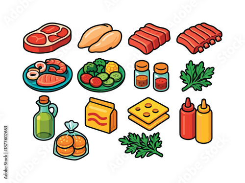 BBQ Ingredients Icons. BBQ ingredients. Colorful isometric vector icons set of BBQ ingredients: beef cuts, chicken breasts, pork ribs, seafood mix, vegetable