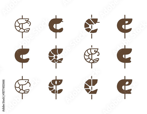 Shrimp Skewer Icons. Shrimp skewers. Icon set. Set Logo of shrimp skewers: shrimp on stick. harmonious logo variations of the same emblematic concept, each