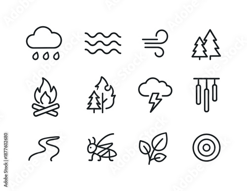 Relaxing Sound Icons. Relaxing sounds for sleep. Line icon set of Relaxing sounds for sleep: soft rain, ocean waves, gentle wind, crackling fire, forest