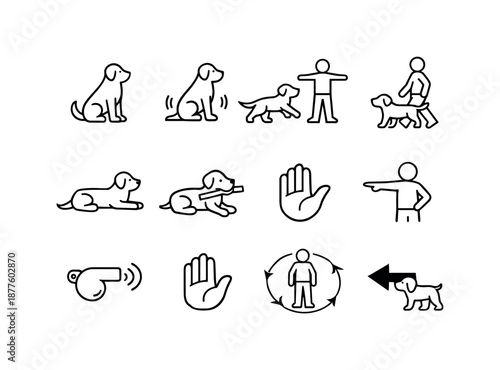 Farm Dog Training Icons. Farm dog. Line icon set of farm dog training cues: sit command, stay command, come command, heel command, lie down command, fetch