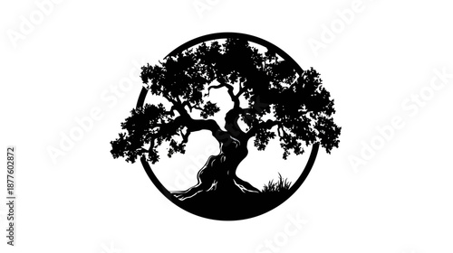 Silhouetted, mature tree encircled within a black ring, with detailed branches and leaves