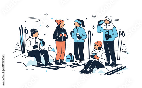 Cross-Country Skiers Rest. Group cross-country skiing rest break. Skiers stopping to rest, talk, and drink from thermoses. Cozy pause and shared warmth in a