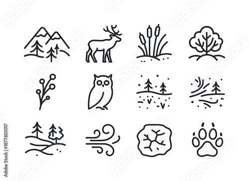 Winter Wildlife Icons. Snowy landscapes with animals in winter habitats. Line icon set of snowy landscapes with animals in winter habitats: snow-capped ridge,