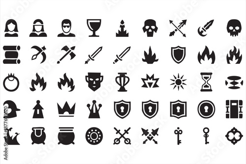 RPG game UI icons for fantasy warriors, spells and battle systems