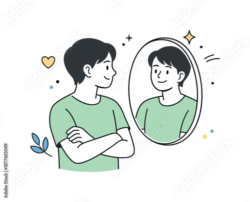 Self-Reflection and Acceptance. Positive self acceptance. A person looking at their reflection with a soft smile, simple mirror shape and light decorative