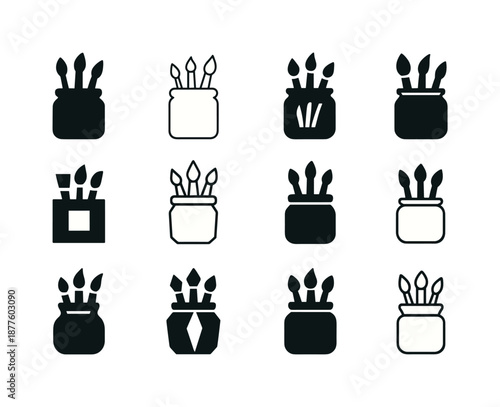 Open-Air Painting Logos. Open-air painting sessions. Icon set. Set Logo of open-air painting sessions: brush jar. harmonious logo variations of the same