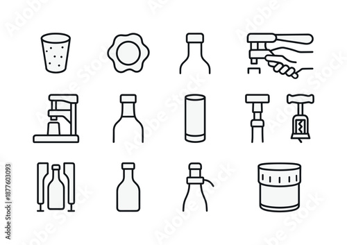 Bottle Sealing Icons. Bottle Sealing. Line icon set of Bottle Sealing: cork stopper, sealing wax, foil cap, bottle neck icon, sealing press, hand-press tool,