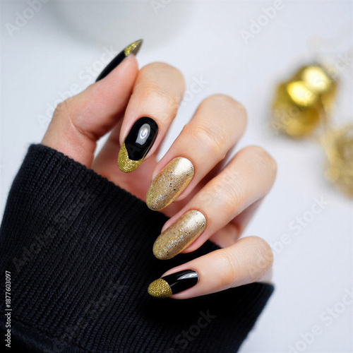 Woman hand with black and gold glitter nail polish design on white background transparent background