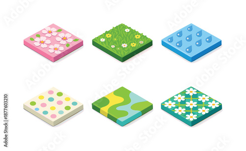 Spring Pattern Tiles. Pattern Tiles Spring Theme. Isometric flat vector icons set of Pattern Tiles Spring Theme: cherry blossom tile, grass texture tile,