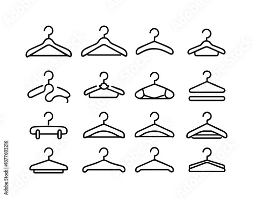 Hanger Icons Line Art. Hanger types. Line icon set of Hanger types: dress hanger, suit hanger, padded hanger, baby hanger, travel hanger, foldable hanger,