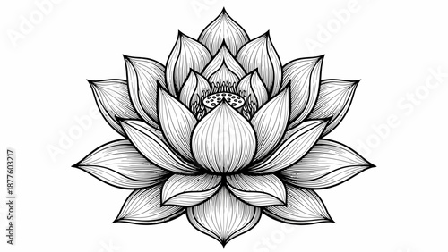 Beautiful detailed black and white sketch of a lotus flower, a symbol of purity and enlightenment