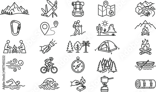 Outdoor adventure camping line icon set with hiking backpack map compass campfire forest river biking exploration symbols