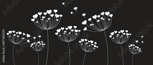 Dandelion with hearts. Happy Valentine's day greeting card. Lovely romance flower. Congratulation with Love. Valentine's day Vector illustration background.