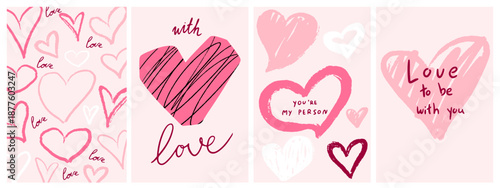 Hand drawn Happy Valentines Day cards. Whimsical crayon Galentines Day invitation postcard with hearts. Vector modern abstract art templates for celebration, branding, banner, cover, label, poster.