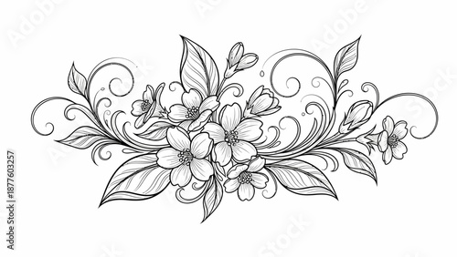 Intricate floral flourish illustration featuring delicate petals and elegant leaves, forming a beautiful decorative flower arrangement in detailed monochrome line art style