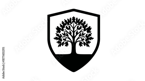 A black and white shield design featuring a stylized tree silhouette on a white background