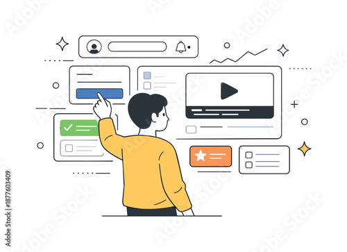 Digital Interface Interaction. People interacting with digital interfaces. Person navigating a clean dashboard, tapping buttons and cards on a floating screen.