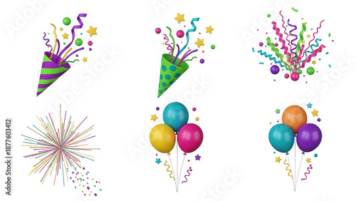 Collection of 3D Party Celebration Elements Including Confetti Poppers Balloons and Fireworks Isolated on White Background