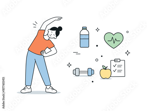 Minimalist Fitness Serenity. Minimal fitness and healthy habits. Person doing light stretching next to simple fitness icons, showing calm daily movement.