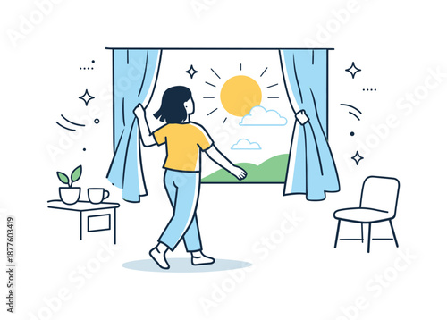 Hopeful Sunlight Moment. Light returning to daily life. A character opening curtains or stepping into sunlight after a darker season. Gentle movement, hopeful