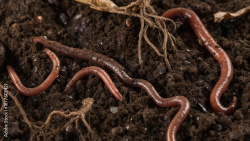 Close up of earthworms in rich dark soil with plant roots.