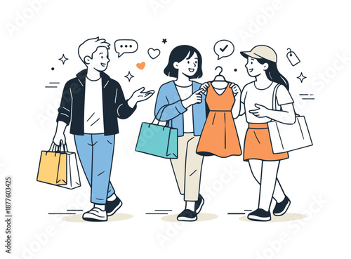 Shopping Spree Fun. Shopping with friends. People carrying bags and discussing purchases while walking together. Casual conversation and shared decision-making