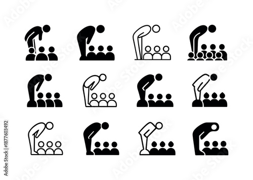 Standing Ovation Icons. Standing ovation. Icon set. Set Logo of standing ovation: performer bowing before crowd. harmonious logo variations of the same