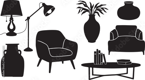 Modern living room furniture and decor in black silhouette