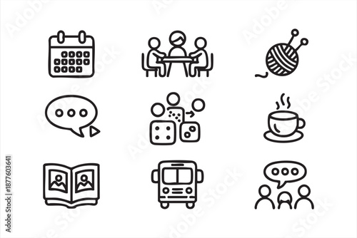 Lifestyle platform interface symbols for hobbies, chat and event planning