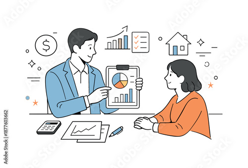 Financial Planning Session. Financial planning with advisor. A financial advisor calmly discussing plans with a client using simple charts and documents.