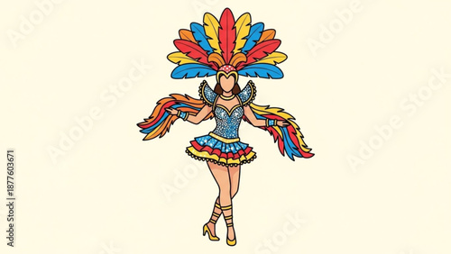 Colorful Carnival Dancer Wearing Vibrant Feathered Headdress and Costume, Isolated on White Background