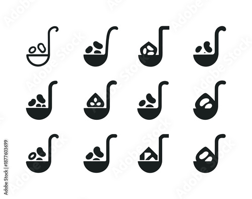 Cooked Beans Icons. cooked beans. Icon set. Set Logo of cooked beans: bean ladle. harmonious logo variations of the same emblematic concept, each