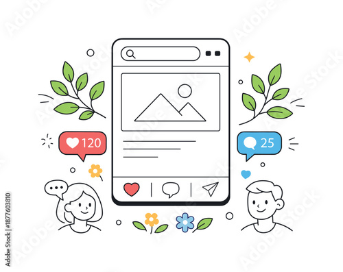 Spring Social Interface. Social media spring illustration. Abstract phone interface with like icons, comments, and spring leaves arranged in a balanced