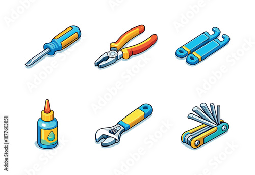 Bicycle Repair Tools. Maintenance Tools. Isometric flat vector icons set of Fixing a Bicycle: screwdriver, pliers, tire levers, chain lubricant, adjustable