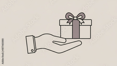 Hand Holding Gift Box with Ribbon on Beige Background