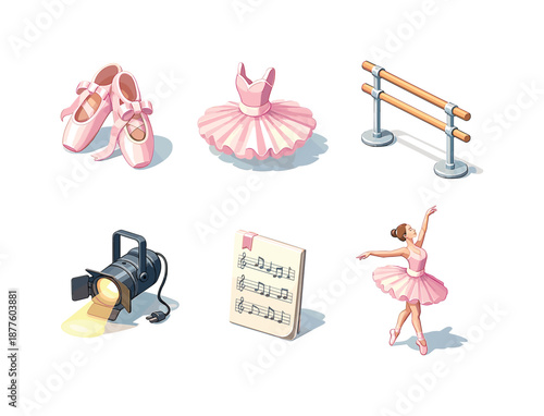 Ballet Icon Grid. Ballet. Isometric flat vector icons set of Ballet and Modern Dance Sections: ballet slippers, tutu, barre, stage spotlight, music sheet,