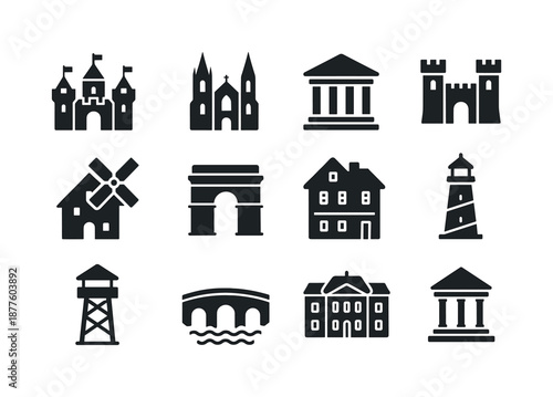 Historic Building Icons. Historic buildings. Solid icon set of historic buildings: castle, cathedral, ancient temple, fortress, old mill, monument arch,
